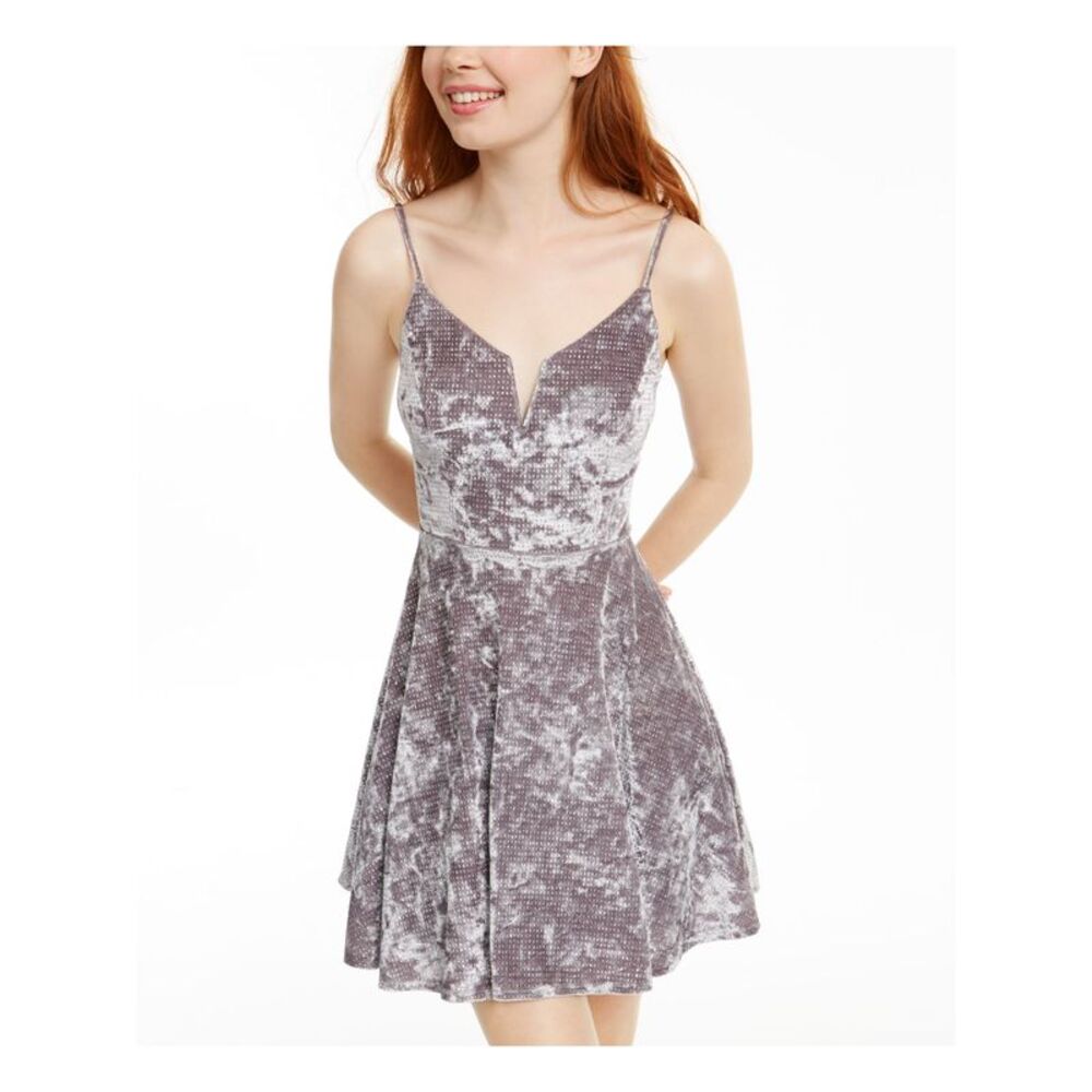 CITY TRIANGLES Womens Fit + Flare Short Dress Silver Spaghetti Strap Juniors 1